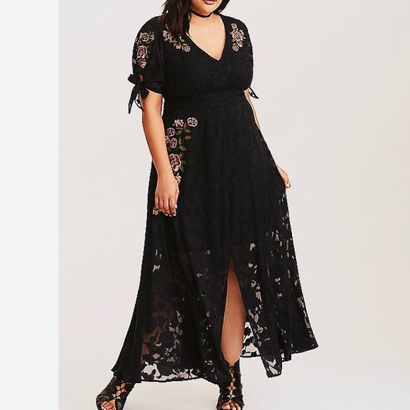 black floral embroidered chiffon maxi dress